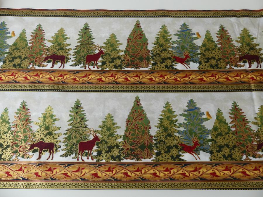 Patchworkstoff Bordüre Winterwald Hirsche weiß mit gold Detailansícht